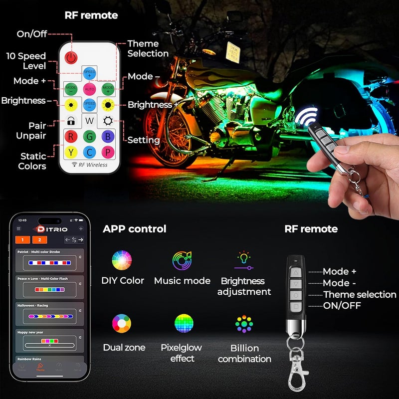 DITRIO 6Pcs Motorcycle Led Underglow Kit with APP & 2 RF Remote Control,Motorcycle RGB Lights with Brake Turn Signal, Dual Zone,12V Waterproof Pixelglow Effects for Motorcycles, Golf Carts, ATVs, UTVs - Image 2